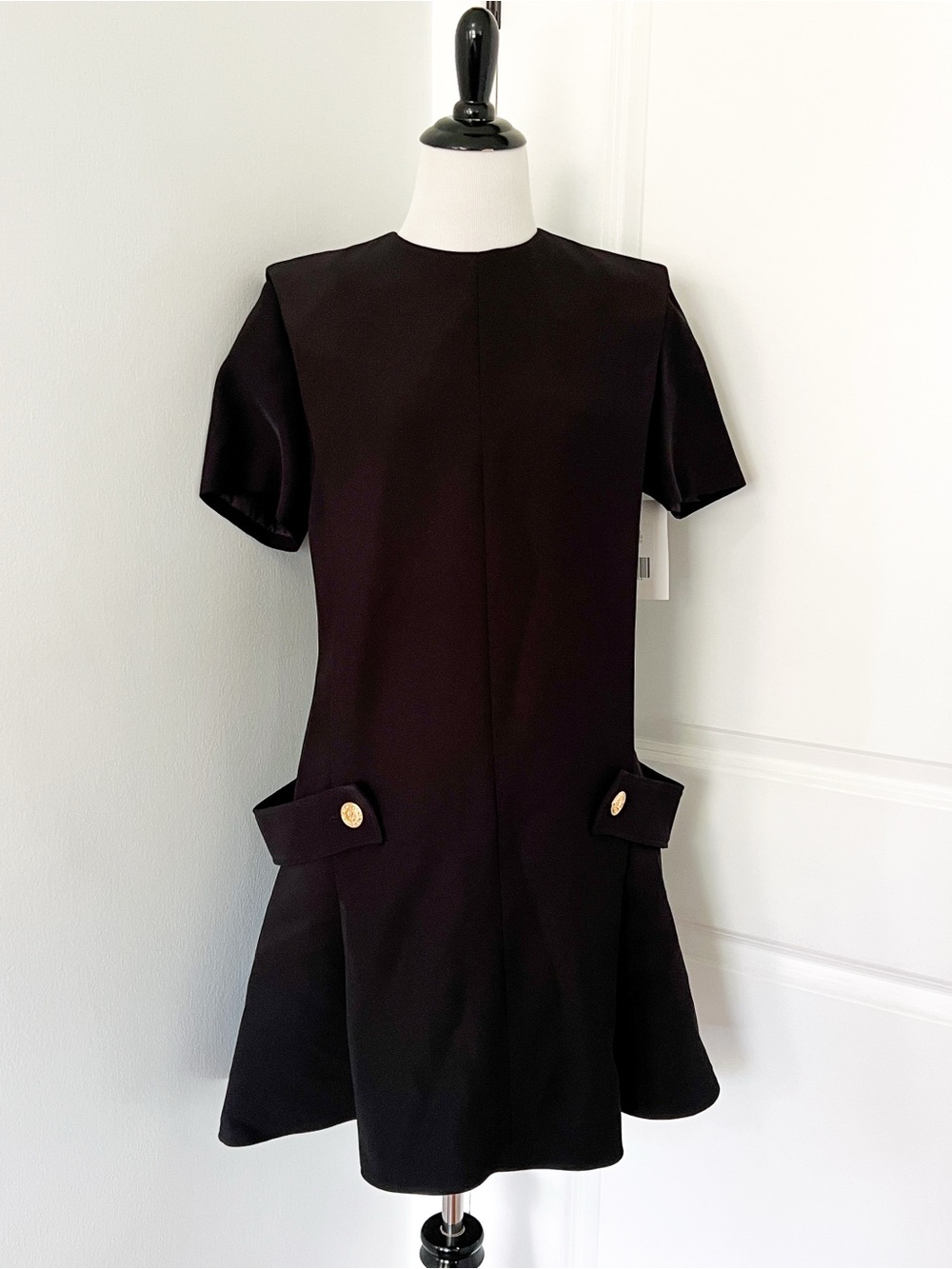 Louis Vuitton Uniforms Black Short-Sleeve Mini Dress with Gold Buttons - Size 36